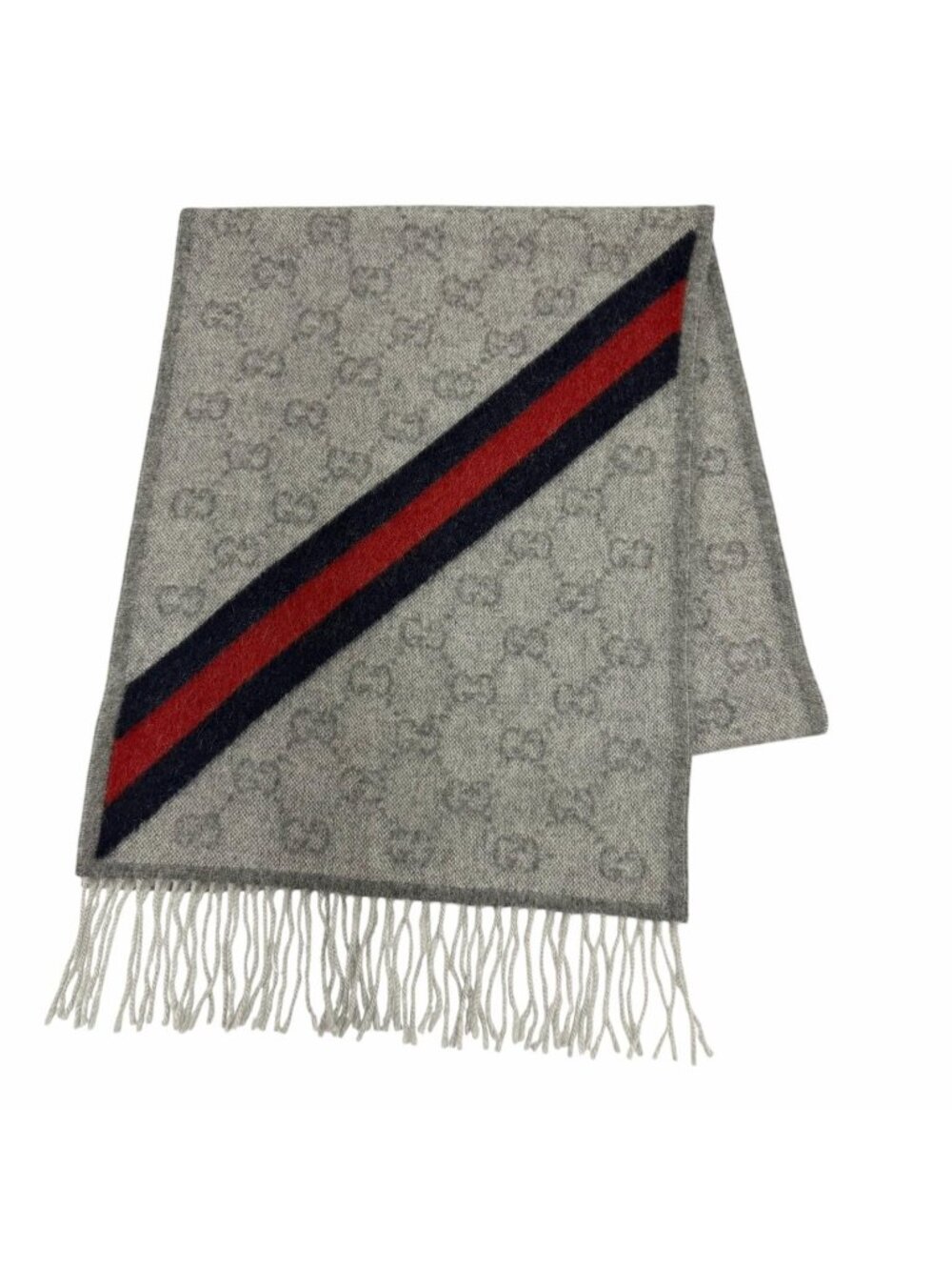 Gucci Wool Alpaca GG Pattern Web Line Scarf with Fringe Gray 37